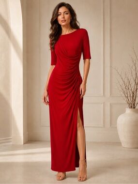 Connected Red Ruched MidiDress Size 10 With Side Slit